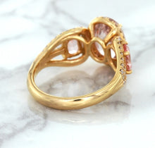 Load image into Gallery viewer, Three Stone Padparadscha Ring with Diamond Halo in 18K Rose Gold