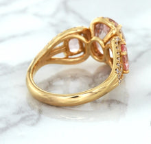 Load image into Gallery viewer, Three Stone Padparadscha Ring with Diamond Halo in 18K Rose Gold