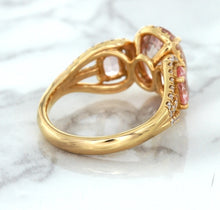 Load image into Gallery viewer, Three Stone Padparadscha Ring with Diamond Halo in 18K Rose Gold