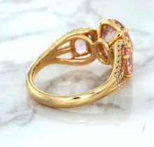 Load image into Gallery viewer, Three Stone Padparadscha Ring with Diamond Halo in 18K Rose Gold