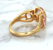 Load image into Gallery viewer, Three Stone Padparadscha Ring with Diamond Halo in 18K Rose Gold