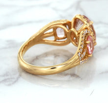 Load image into Gallery viewer, Three Stone Padparadscha Ring with Diamond Halo in 18K Rose Gold