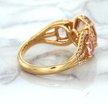 Load image into Gallery viewer, Three Stone Padparadscha Ring with Diamond Halo in 18K Rose Gold