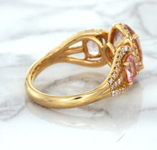 Load image into Gallery viewer, Three Stone Padparadscha Ring with Diamond Halo in 18K Rose Gold