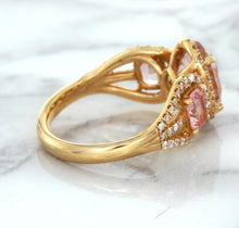 Load image into Gallery viewer, Three Stone Padparadscha Ring with Diamond Halo in 18K Rose Gold