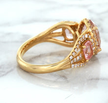 Load image into Gallery viewer, Three Stone Padparadscha Ring with Diamond Halo in 18K Rose Gold