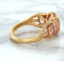 Load image into Gallery viewer, Three Stone Padparadscha Ring with Diamond Halo in 18K Rose Gold