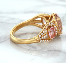 Load image into Gallery viewer, Three Stone Padparadscha Ring with Diamond Halo in 18K Rose Gold