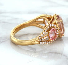 Load image into Gallery viewer, Three Stone Padparadscha Ring with Diamond Halo in 18K Rose Gold