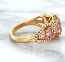 Load image into Gallery viewer, Three Stone Padparadscha Ring with Diamond Halo in 18K Rose Gold