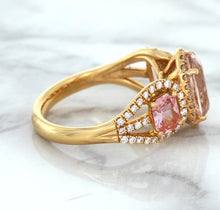Load image into Gallery viewer, Three Stone Padparadscha Ring with Diamond Halo in 18K Rose Gold