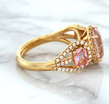 Load image into Gallery viewer, Three Stone Padparadscha Ring with Diamond Halo in 18K Rose Gold