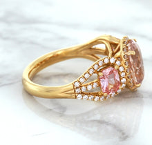 Load image into Gallery viewer, Three Stone Padparadscha Ring with Diamond Halo in 18K Rose Gold