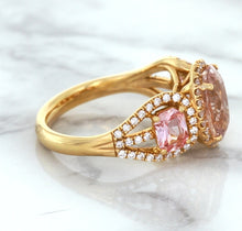 Load image into Gallery viewer, Three Stone Padparadscha Ring with Diamond Halo in 18K Rose Gold