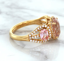 Load image into Gallery viewer, Three Stone Padparadscha Ring with Diamond Halo in 18K Rose Gold
