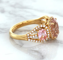 Load image into Gallery viewer, Three Stone Padparadscha Ring with Diamond Halo in 18K Rose Gold