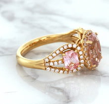 Load image into Gallery viewer, Three Stone Padparadscha Ring with Diamond Halo in 18K Rose Gold