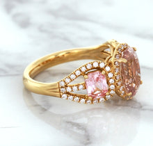 Load image into Gallery viewer, Three Stone Padparadscha Ring with Diamond Halo in 18K Rose Gold