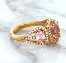 Load image into Gallery viewer, Three Stone Padparadscha Ring with Diamond Halo in 18K Rose Gold
