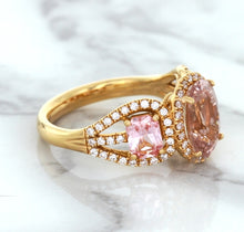 Load image into Gallery viewer, Three Stone Padparadscha Ring with Diamond Halo in 18K Rose Gold