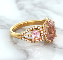 Load image into Gallery viewer, Three Stone Padparadscha Ring with Diamond Halo in 18K Rose Gold