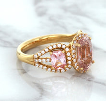Load image into Gallery viewer, Three Stone Padparadscha Ring with Diamond Halo in 18K Rose Gold