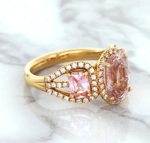 Load image into Gallery viewer, Three Stone Padparadscha Ring with Diamond Halo in 18K Rose Gold