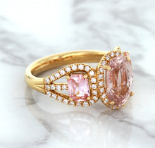 Load image into Gallery viewer, Three Stone Padparadscha Ring with Diamond Halo in 18K Rose Gold