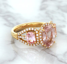 Load image into Gallery viewer, Three Stone Padparadscha Ring with Diamond Halo in 18K Rose Gold