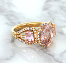 Load image into Gallery viewer, Three Stone Padparadscha Ring with Diamond Halo in 18K Rose Gold