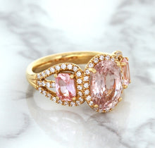 Load image into Gallery viewer, Three Stone Padparadscha Ring with Diamond Halo in 18K Rose Gold
