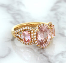 Load image into Gallery viewer, Three Stone Padparadscha Ring with Diamond Halo in 18K Rose Gold