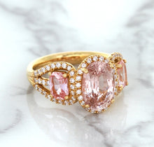 Load image into Gallery viewer, Three Stone Padparadscha Ring with Diamond Halo in 18K Rose Gold