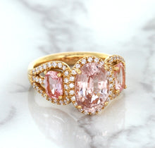 Load image into Gallery viewer, Three Stone Padparadscha Ring with Diamond Halo in 18K Rose Gold