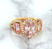 Load image into Gallery viewer, Three Stone Padparadscha Ring with Diamond Halo in 18K Rose Gold