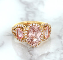 Load image into Gallery viewer, Three Stone Padparadscha Ring with Diamond Halo in 18K Rose Gold