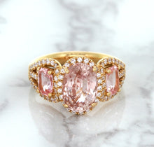 Load image into Gallery viewer, Three Stone Padparadscha Ring with Diamond Halo in 18K Rose Gold