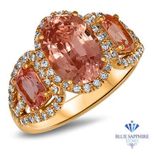 Load image into Gallery viewer, Three Stone Padparadscha Ring with Diamond Halo in 18K Rose Gold