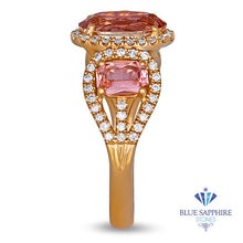 Load image into Gallery viewer, Three Stone Padparadscha Ring with Diamond Halo in 18K Rose Gold
