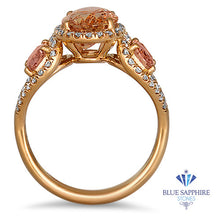 Load image into Gallery viewer, Three Stone Padparadscha Ring with Diamond Halo in 18K Rose Gold