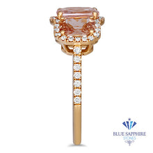 Load image into Gallery viewer, 3.04ctw Three Stone Padparadscha Ring with Diamond Halo in 18K Rose Gold