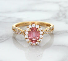 Load image into Gallery viewer, 1.08ct Oval Padparadscha Ring with Diamond Halo in 18K Rose Gold