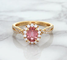 Load image into Gallery viewer, 1.08ct Oval Padparadscha Ring with Diamond Halo in 18K Rose Gold