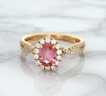 Load image into Gallery viewer, 1.08ct Oval Padparadscha Ring with Diamond Halo in 18K Rose Gold
