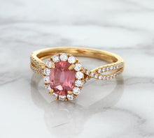 Load image into Gallery viewer, 1.08ct Oval Padparadscha Ring with Diamond Halo in 18K Rose Gold