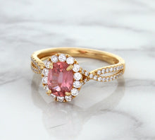 Load image into Gallery viewer, 1.08ct Oval Padparadscha Ring with Diamond Halo in 18K Rose Gold