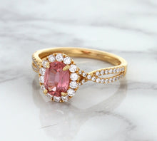 Load image into Gallery viewer, 1.08ct Oval Padparadscha Ring with Diamond Halo in 18K Rose Gold