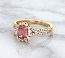 Load image into Gallery viewer, 1.08ct Oval Padparadscha Ring with Diamond Halo in 18K Rose Gold