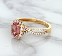 Load image into Gallery viewer, 1.08ct Oval Padparadscha Ring with Diamond Halo in 18K Rose Gold