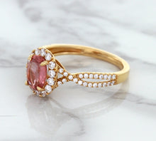 Load image into Gallery viewer, 1.08ct Oval Padparadscha Ring with Diamond Halo in 18K Rose Gold